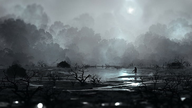 landscape, swamp, grey, dark, artwork, HD wallpaper