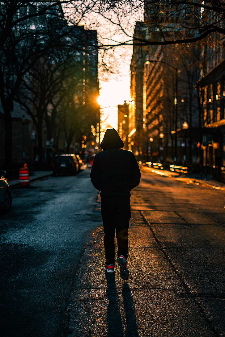 person walking on street, loneliness, man, hood, city, men, night