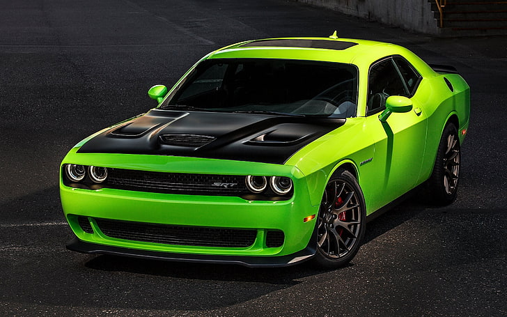 green Dodge Challenger coupe, car, vehicle, green cars, Dodge Challenger Hellcat, HD wallpaper