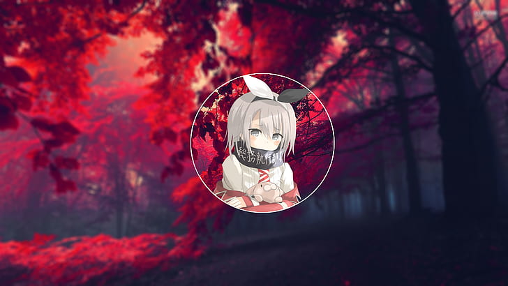 anime, anime girls, shy, nature, red background, leaves, silver hair