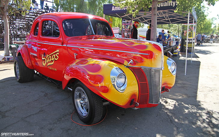 Classic Car Classic Hot Rod HD, red and yellow flame printed stags vintage car, HD wallpaper