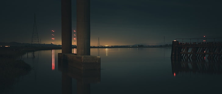 gray concrete post, architecture, bridge, lights, river, night