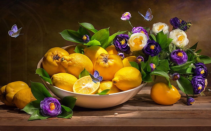 Photography, Still Life, Bowl, Butterfly, Flower, Fruit, Lemon, HD wallpaper