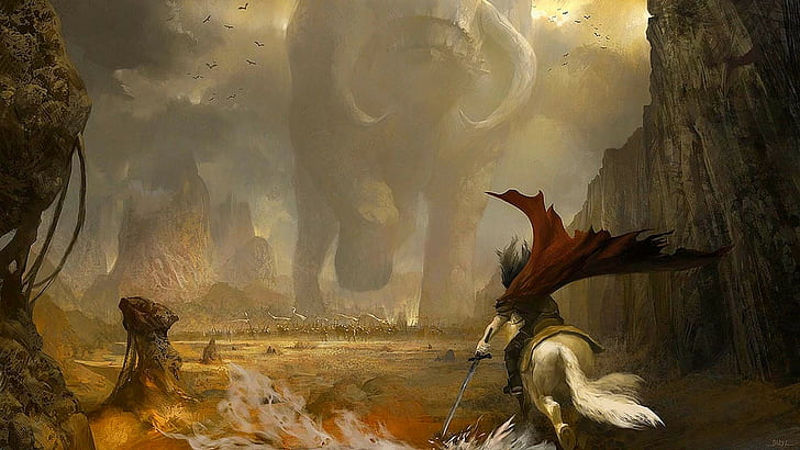 Fantasy Battle, horse, warrior, giant, HD wallpaper