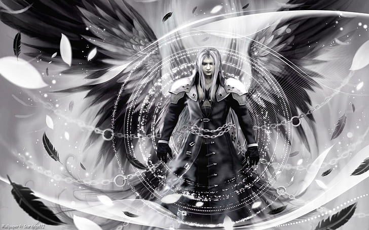 Sephiroth Dark Angel, black, feather, male, final fantasy, white, HD wallpaper