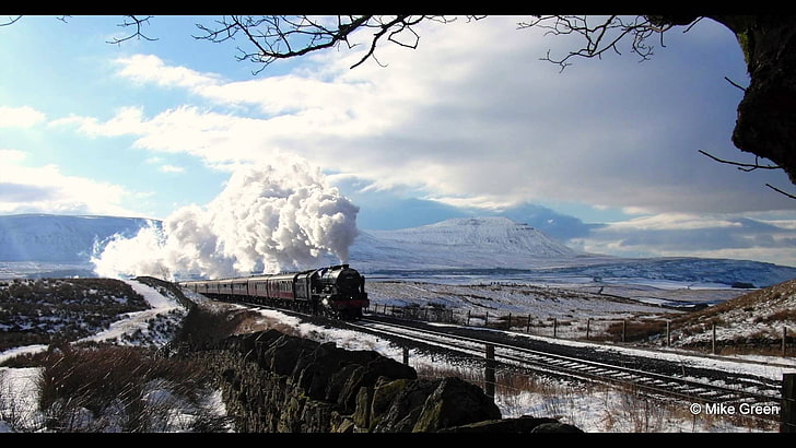 train on railroad, landscape, steam locomotive, mountain, cloud - sky