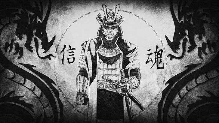samurai wallpaper, Japan, dragon, art and craft, human representation
