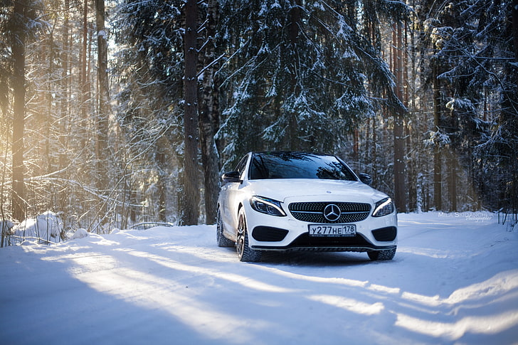 white Mercedes-Benz vehicle, winter, car, machine, auto, city