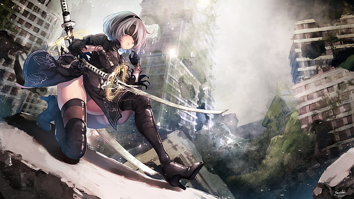 2B (Nier: Automata), katana, blindfold, real people, one person