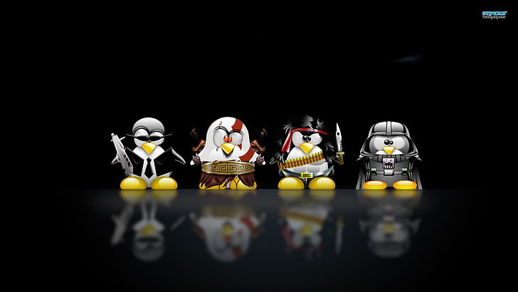 several Angry Bird figures, GNU, Tux, Linux, Darth Vader, Kratos