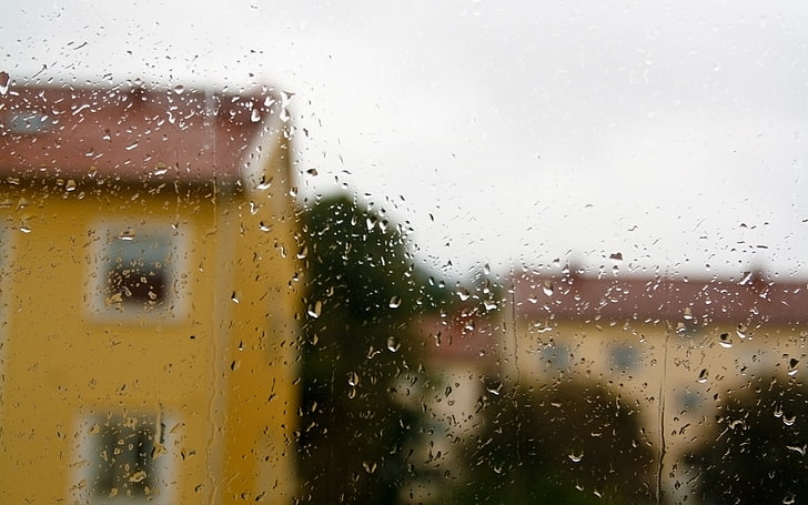 rain, water drops, house, urban, window, blurred, wet, glass - material