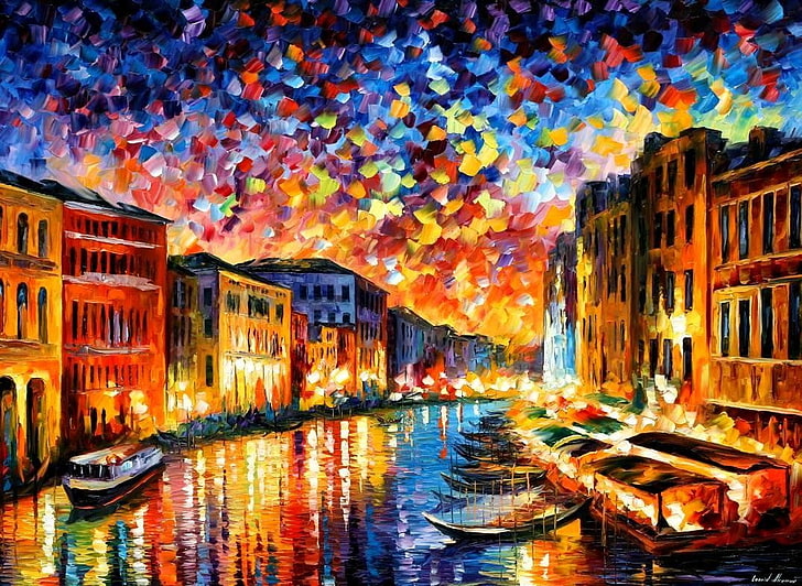painting, canal, Leonid Afremov, gondolas, colorful, reflection
