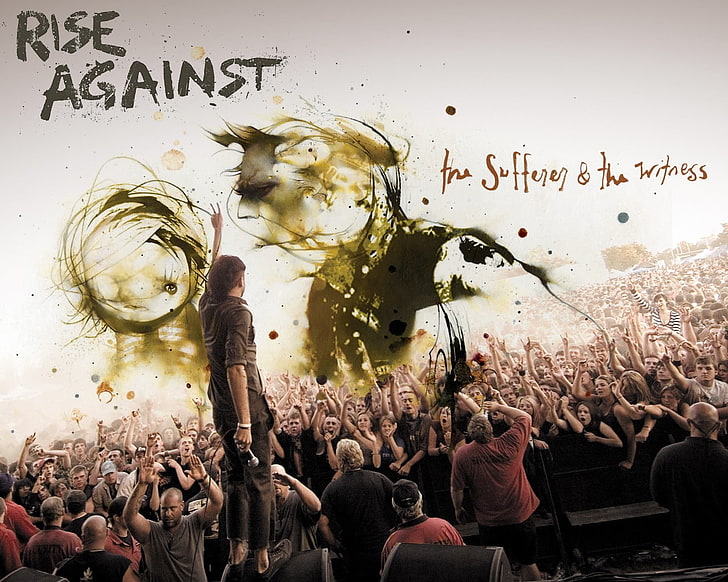 white and black floral print textile, Rise Against, music, crowd, HD wallpaper