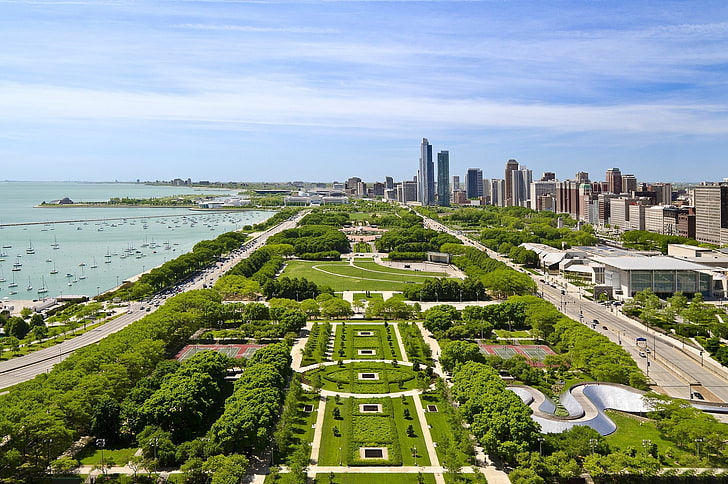 aerial photo of park, Chicago, USA, cityscape, architecture, plant