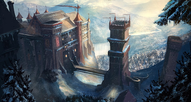 brown and white castle illustration, snow, mountains, bridge, HD wallpaper