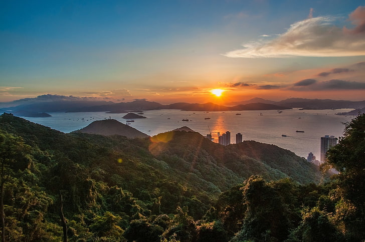 sunset, hills, Hong Kong, panorama, Repulse Bay, Islands