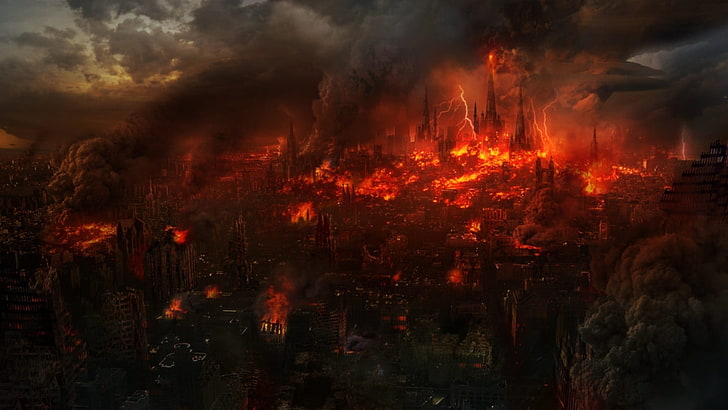 digital wallpaper of forest fire, apocalyptic, artwork, burning