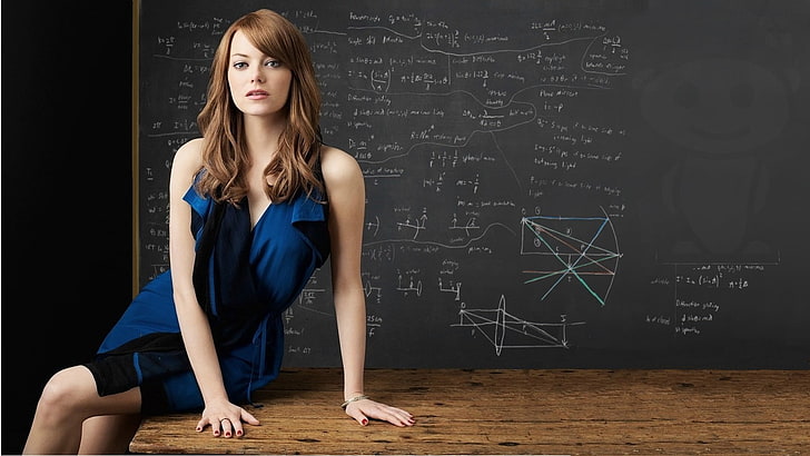 women's blue sleeveless dress, Emma Stone, actress, chalkboard