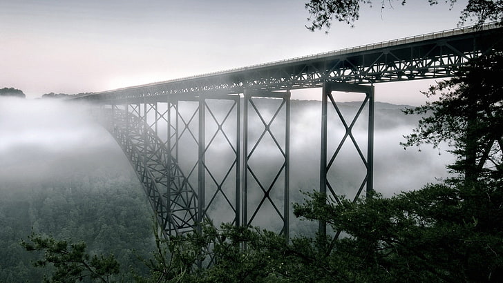 gray metal bridge, west virginia, fog, new river gorge bridge