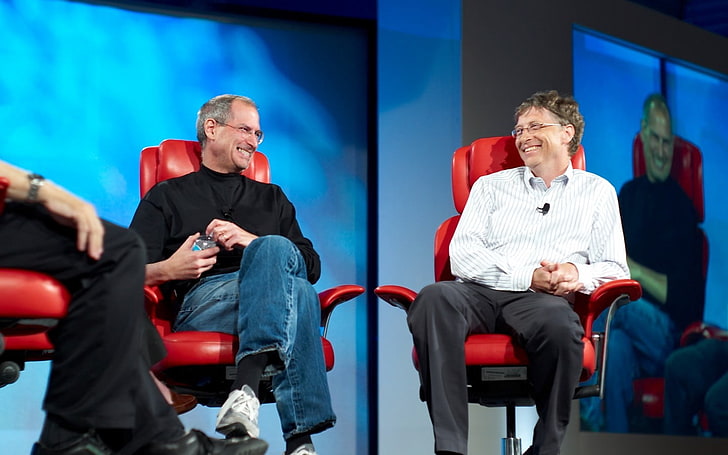 Steve Jobs and Bill Gates, males, mature adult, sitting, men