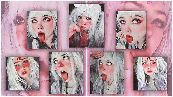 women's gray top collage, ahegao, cosplay, white hair, human representation