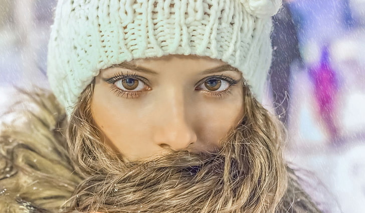 cold, winter, woolly hat, women, Wool cap, hazel eyes, model, HD wallpaper