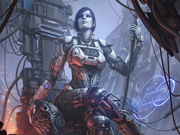 woman holding sword illustration, cyborg, war, futuristic, New Retro Wave