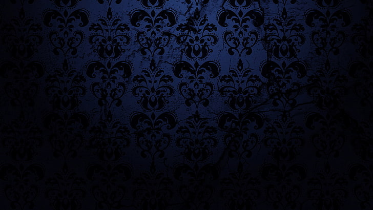 black and white floral wallpaper, dark, pattern, blue, texture, HD wallpaper