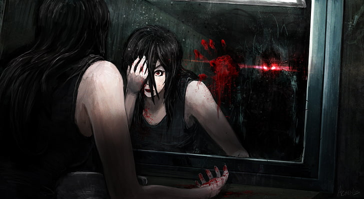 mirror, black hair, red eyes, blood, glowing eyes, digital art, HD wallpaper