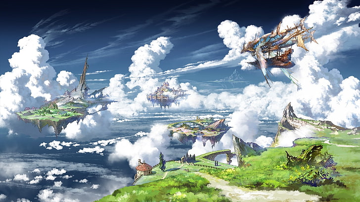 granblue fantasy, landscape, floating island, clouds, ship, HD wallpaper
