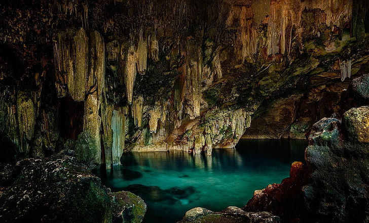 brown and gray cave, cenotes, stalactites, water, nature, rock formation, HD wallpaper