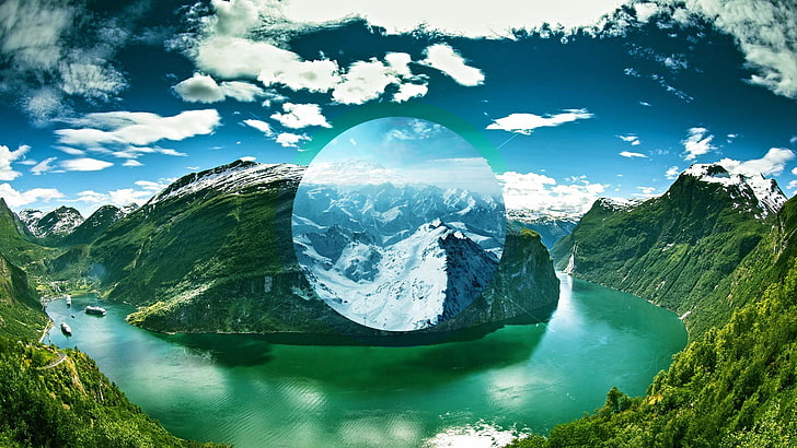 landscape photo of mountain and river, sea, circle, Geirangerfjord
