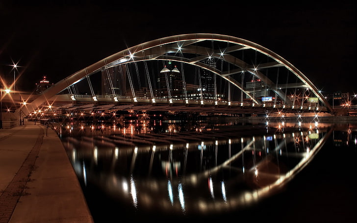 bridge, cityscape, lights, night, illuminated, water, architecture