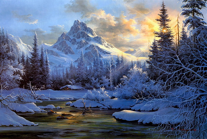 river near trees with snow in distant of mountain digital wallpaper