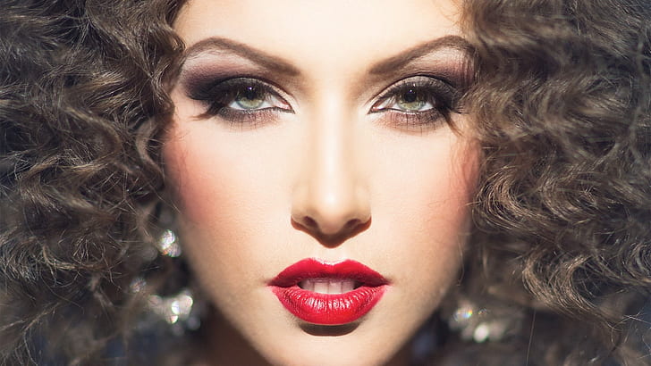 makeup, face, women, model, portrait, red lipstick, curly hair, HD wallpaper