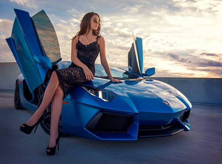 women hair dress brunette legs heels model lamborghini black blue car super car sunglasses looking away luxury women with cars