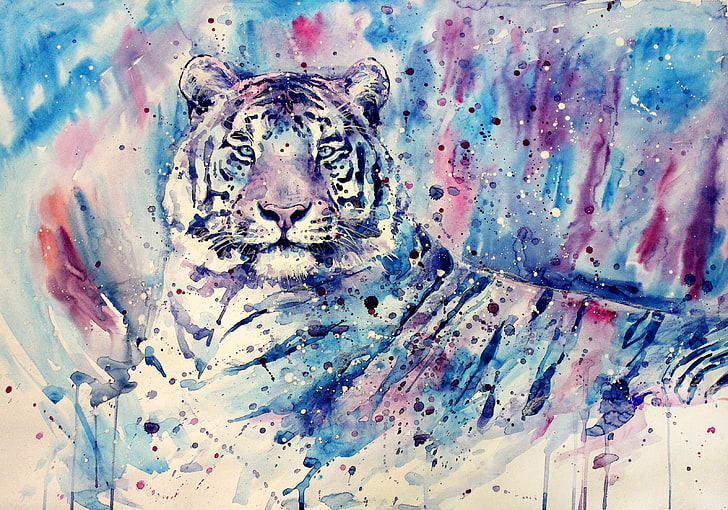 albino tiger artwork, white tigers, painting, watercolor, blue