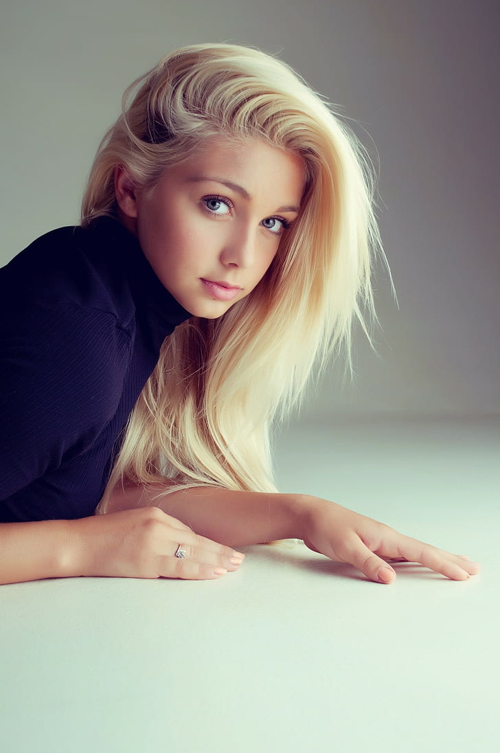 women's black top, blonde, model, Russian, Katarina Pudar, blond hair, HD wallpaper