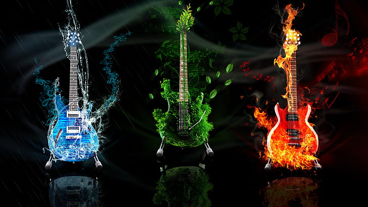 water, fire, earth, element, guitar