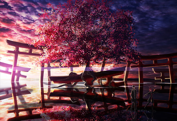Anime, Original, Cloud, Sakura, Temple, Tree, plant, seat, nature