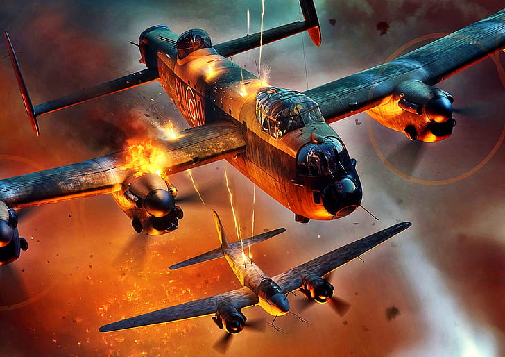 fire, The second World war, Lancaster, heavy bomber, Avro, night bombing of Germany
