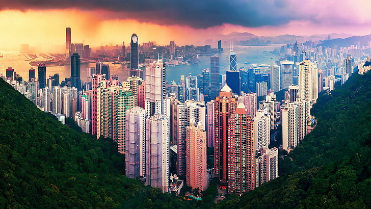 high-rise buildings illustration, cityscape, Hong Kong, building exterior