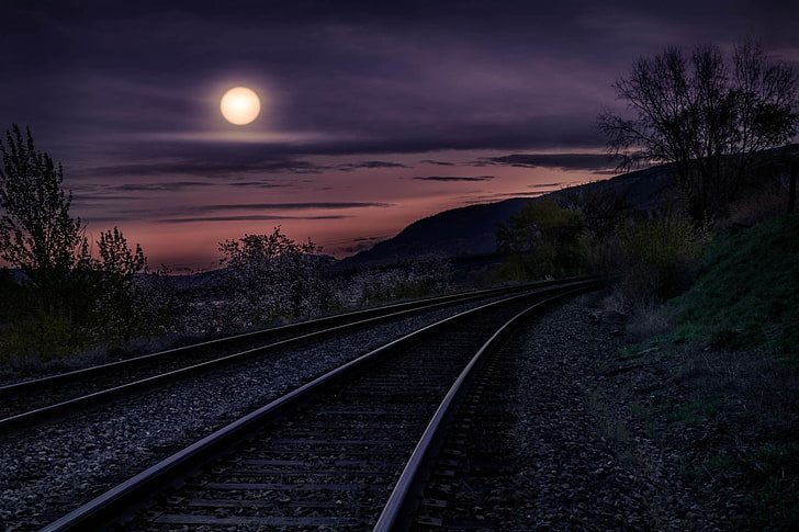 black train railway, landscape, photography, nature, Moon, night, HD wallpaper