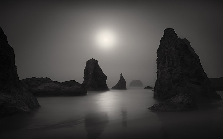 grayscale islets surrounded by fog wallpaper, landscape, sky