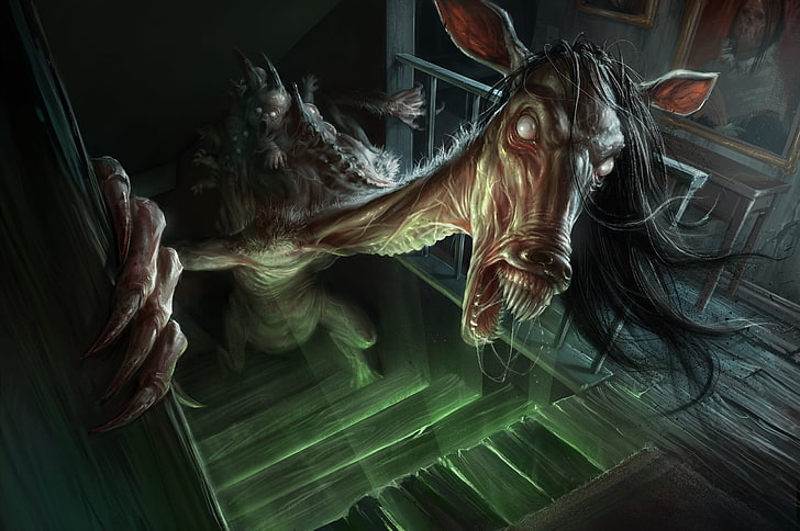horse, creepy, stairs, humanoid creature, demoniac, HD wallpaper