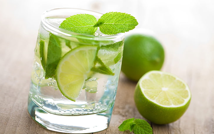 clear drinking glass, water, lime, mint, lemon, cocktail, citrus Fruit