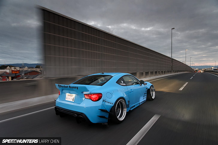 blue coupe, subaru, road, toyota, tuning, speed, low, highway, HD wallpaper