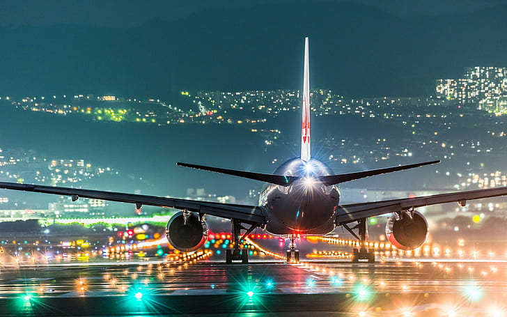 landscape night lights airport hill runway japan osaka wings turbine cityscape rear view passenger aircraft, HD wallpaper