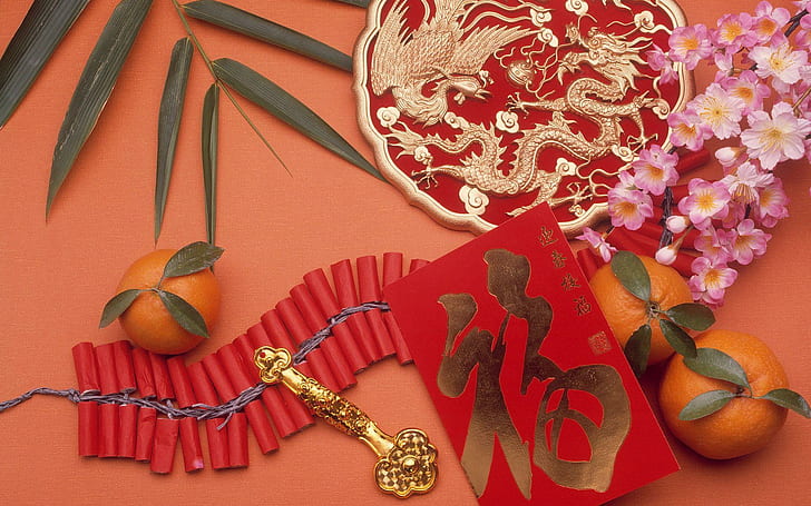 HD wallpaper: Happy Chinese New Year!, flower, dragon, leaf, fireworks,  orange | Wallpaper Flare