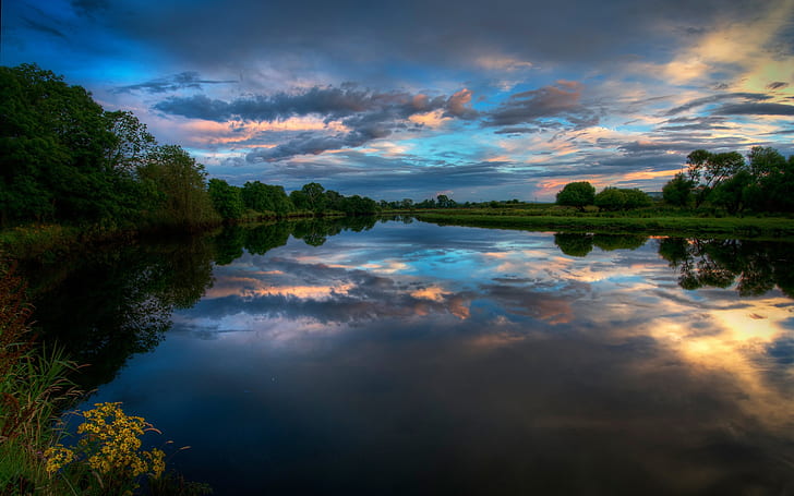 Ireland nature landscape, river, evening sunset, clouds